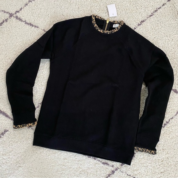 NWT J. Crew Factory Black Sweatshirt with 
Leopard Ruffle Neck - Picture 2 of 5